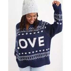 Aerie Festive Feels Fair Isle Love Quarter Zip Sweater Size Large Cozy Cabin